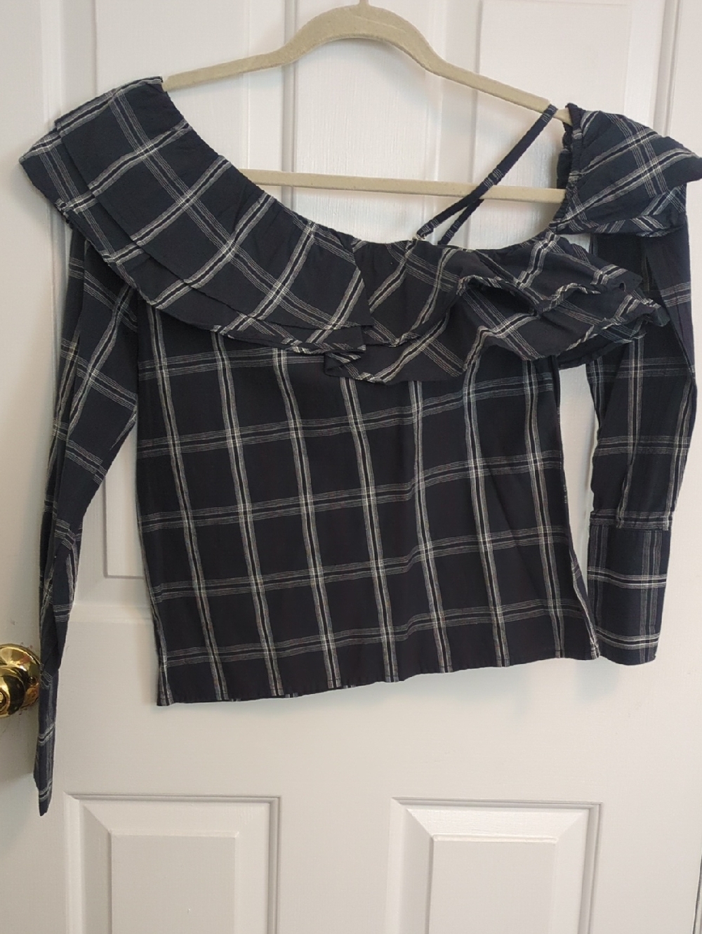 Walter Baker Black Plaid Off-Shoulder Ruffle Top